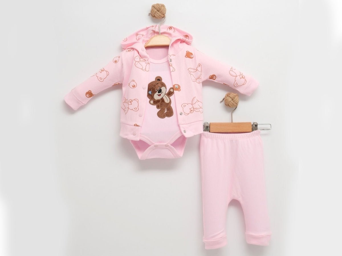 Ayıcık Desenli Hırkalı Üçlü Unisex Bebe Takım - Tivoli Mini