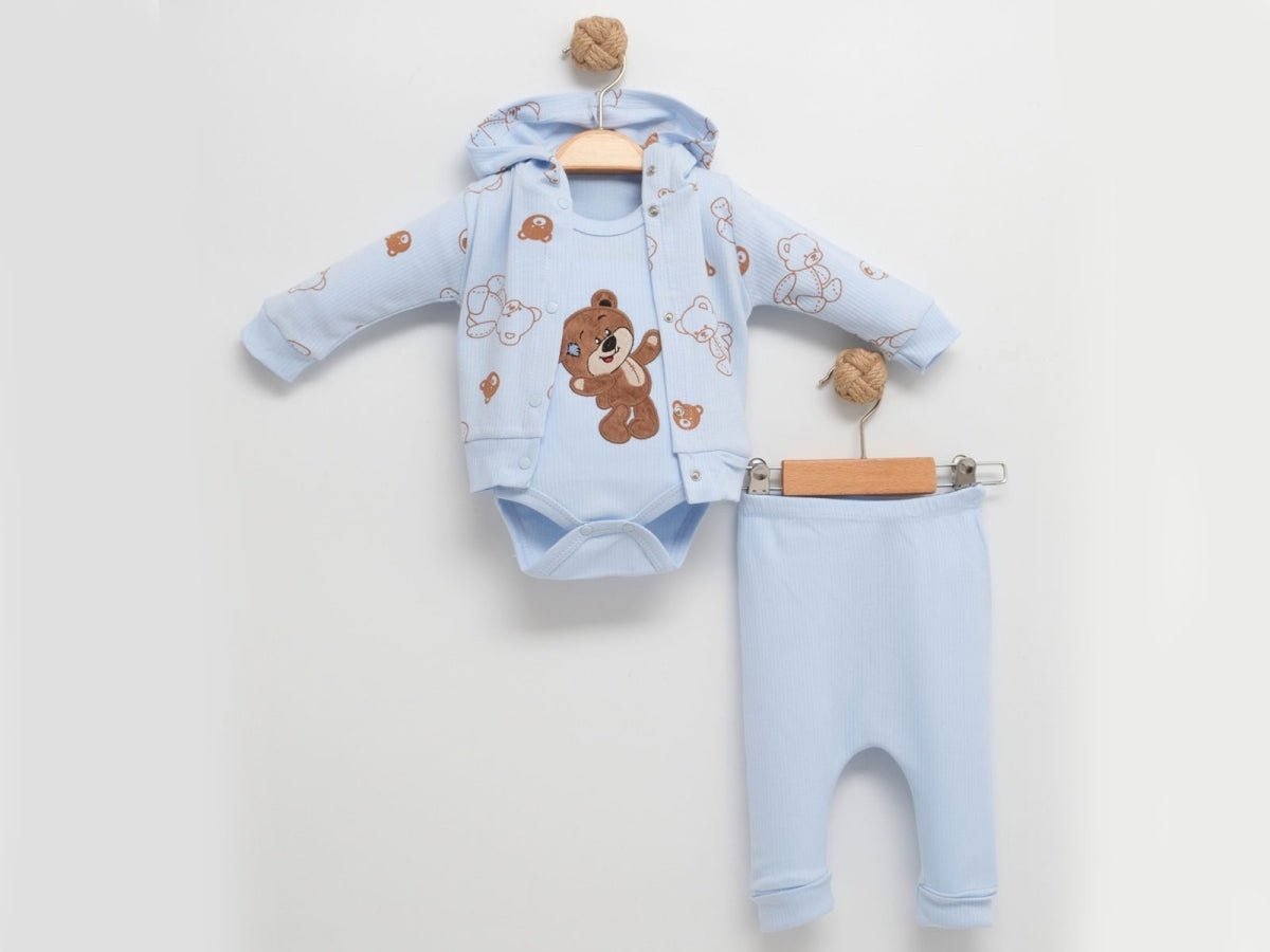 Ayıcık Desenli Hırkalı Üçlü Unisex Bebe Takım - Tivoli Mini