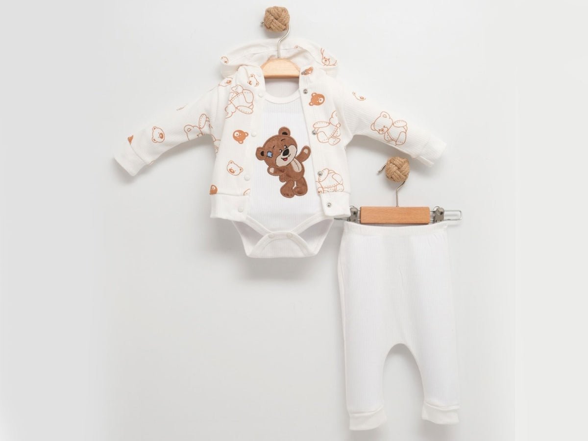 Ayıcık Desenli Hırkalı Üçlü Unisex Bebe Takım - Tivoli Mini