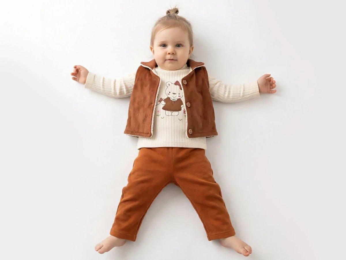 Ayıcık Desenlı Yelekli Kız Bebe Üçlü Takım - Tivoli Mini