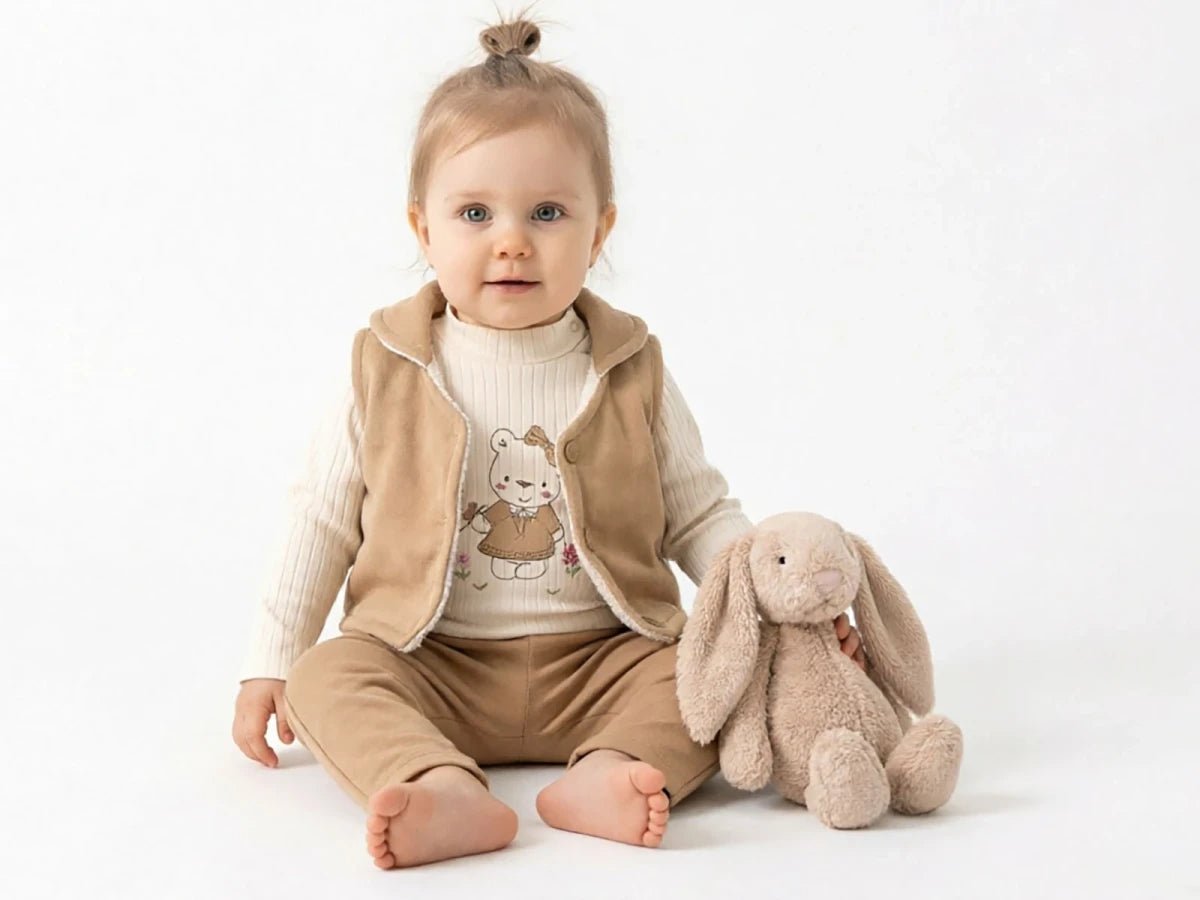 Ayıcık Desenlı Yelekli Kız Bebe Üçlü Takım - Tivoli Mini
