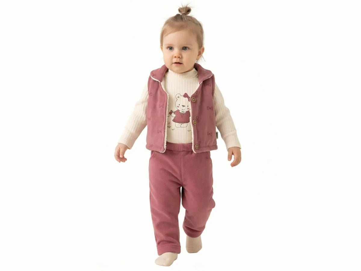 Ayıcık Desenlı Yelekli Kız Bebe Üçlü Takım - Tivoli Mini