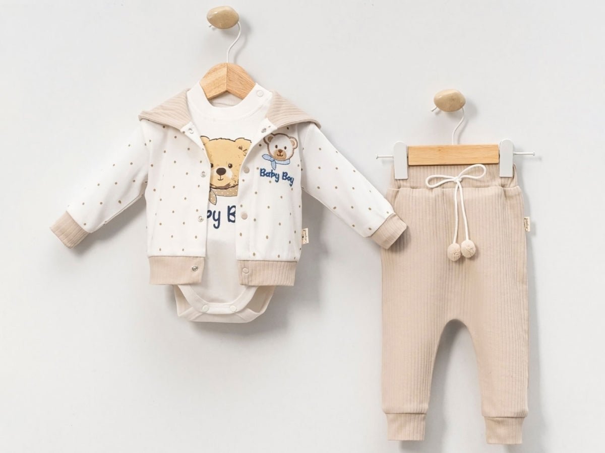 Ayıcık Nakışlı Hırkalı Üçlü Erkek Bebe Takım - Tivoli Mini