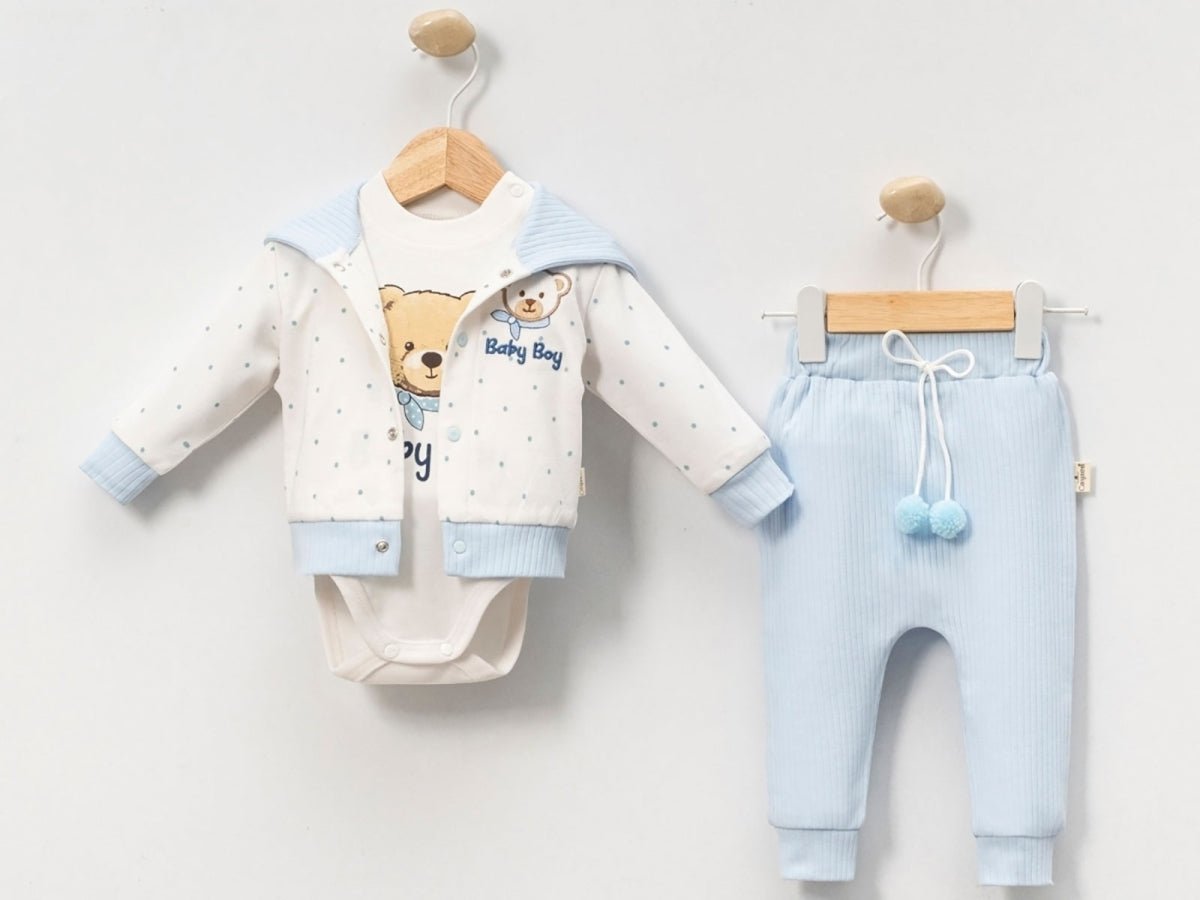 Ayıcık Nakışlı Hırkalı Üçlü Erkek Bebe Takım - Tivoli Mini