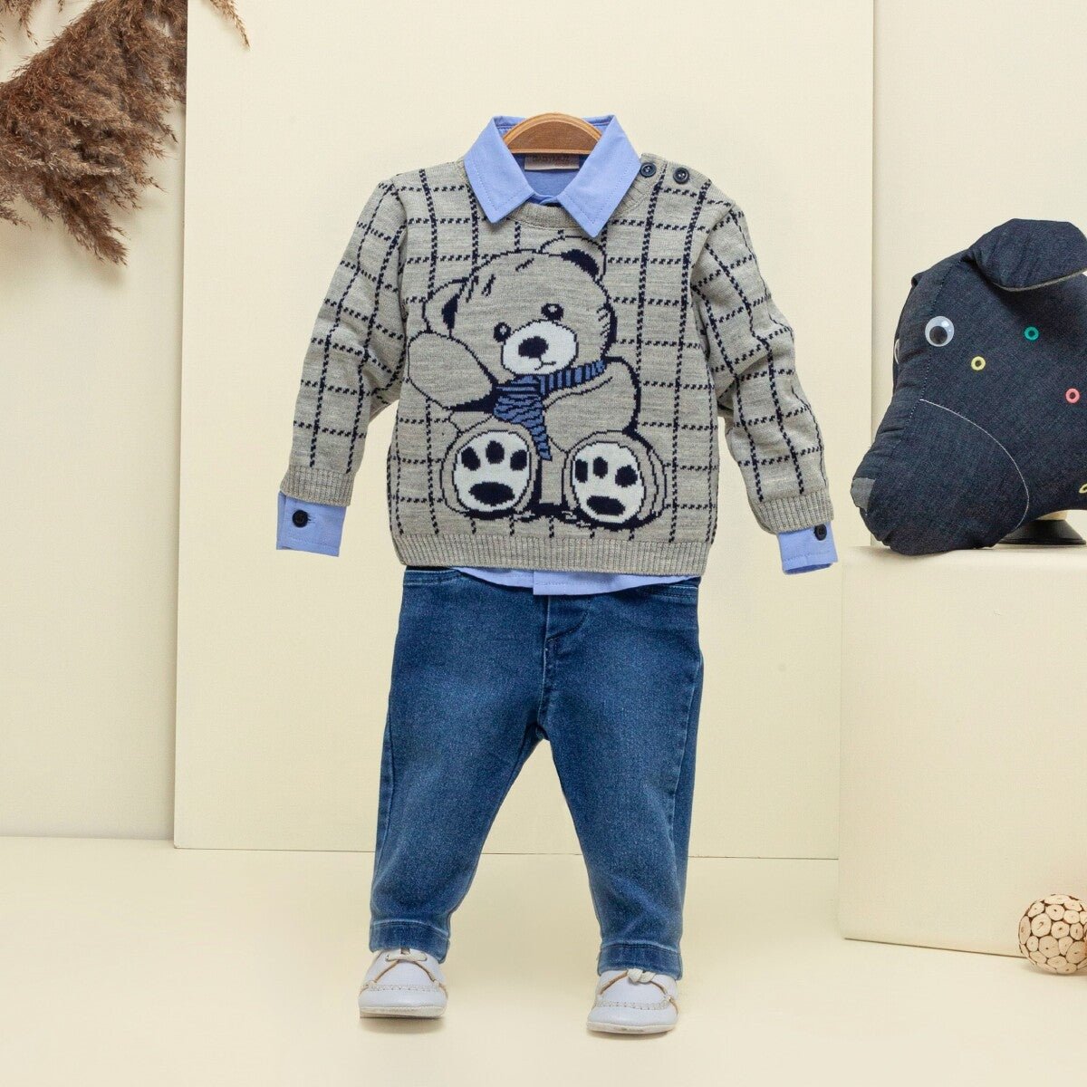 Bebek 3'lü Kazak Gömlek ve Kot Pantolon Takım 6-18M Babymuz 2009-5150 - Tivoli Mini