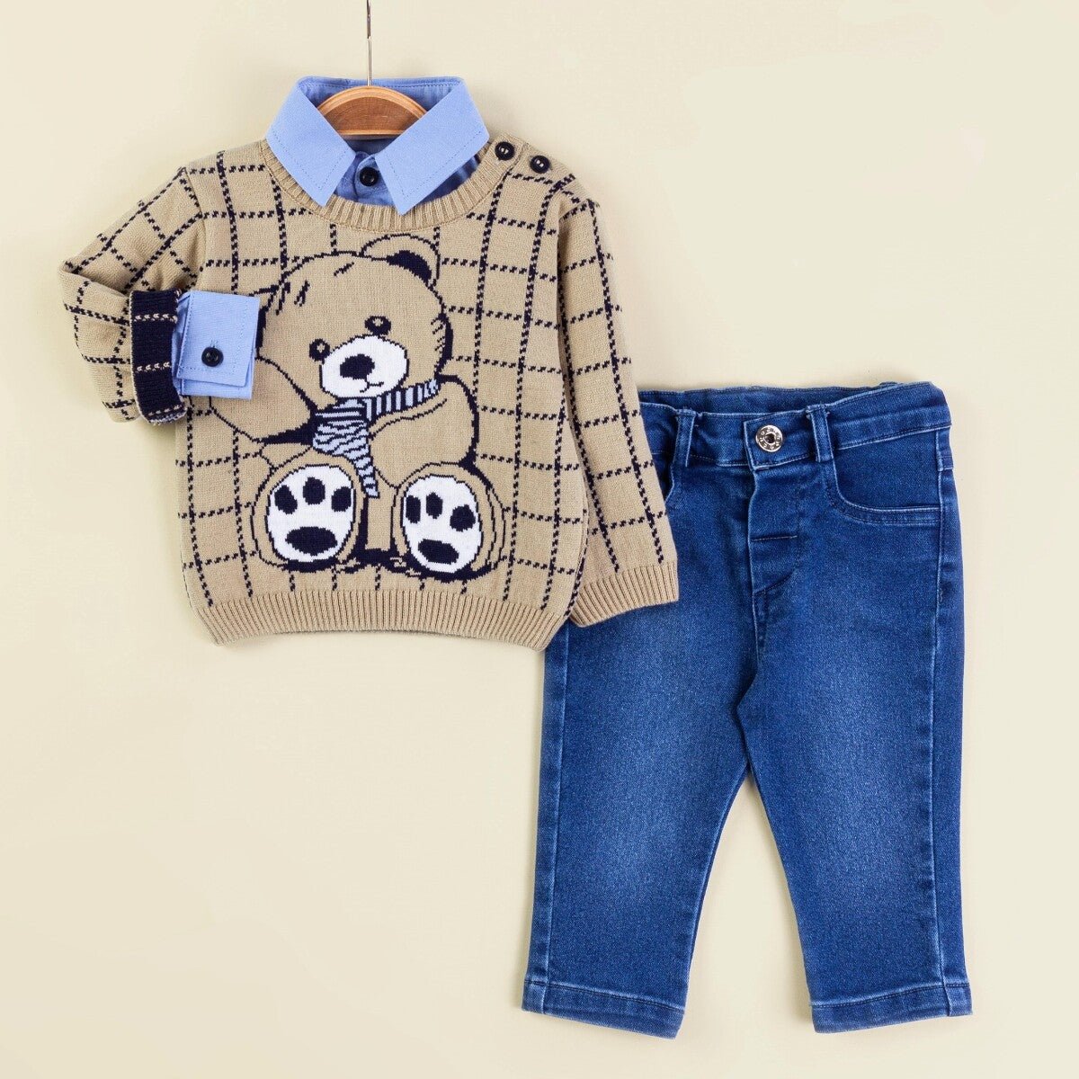 Bebek 3'lü Kazak Gömlek ve Kot Pantolon Takım 6-18M Babymuz 2009-5150 - Tivoli Mini