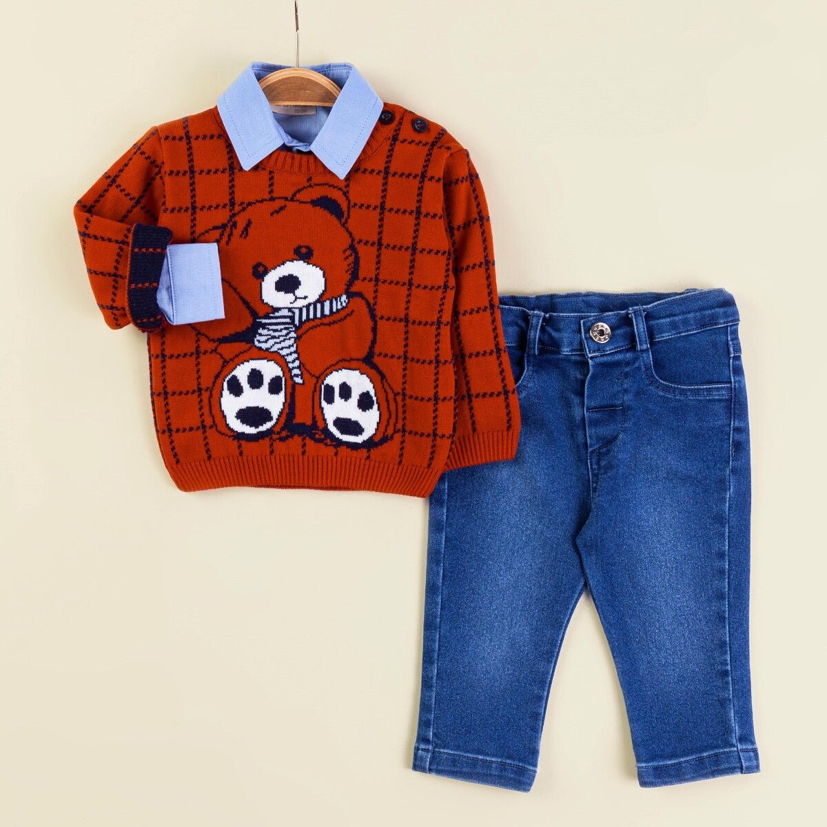 Bebek 3'lü Kazak Gömlek ve Kot Pantolon Takım 6-18M Babymuz 2009-5150 - Tivoli Mini