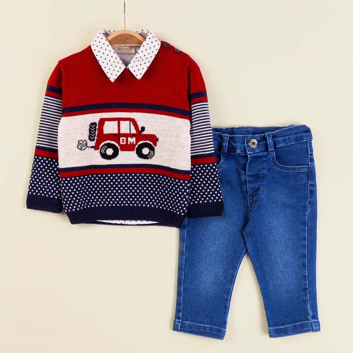 Bebek 3'lü Kazak Gömlek ve Kot Pantolon Takım 9-24M Babymuz 2009-5154 - Tivoli Mini