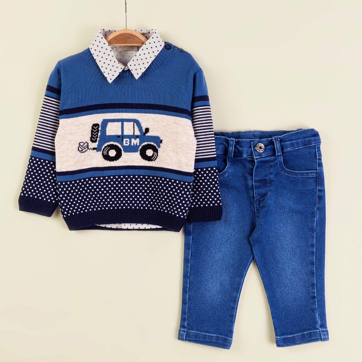 Bebek 3'lü Kazak Gömlek ve Kot Pantolon Takım 9-24M Babymuz 2009-5154 - Tivoli Mini