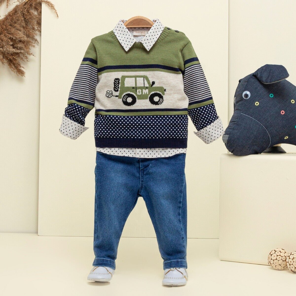 Bebek 3'lü Kazak Gömlek ve Kot Pantolon Takım 9-24M Babymuz 2009-5154 - Tivoli Mini