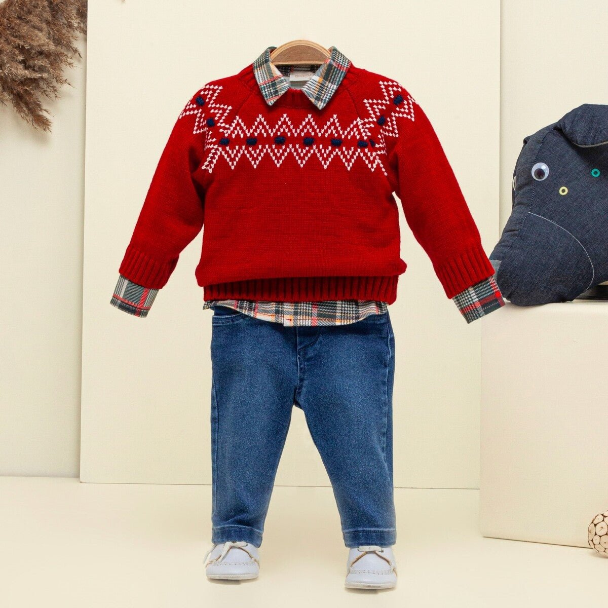 Bebek 3'lü Kazak Gömlek ve Kot Pantolon Takım 9-24M Babymuz 2009-5157 - Tivoli Mini