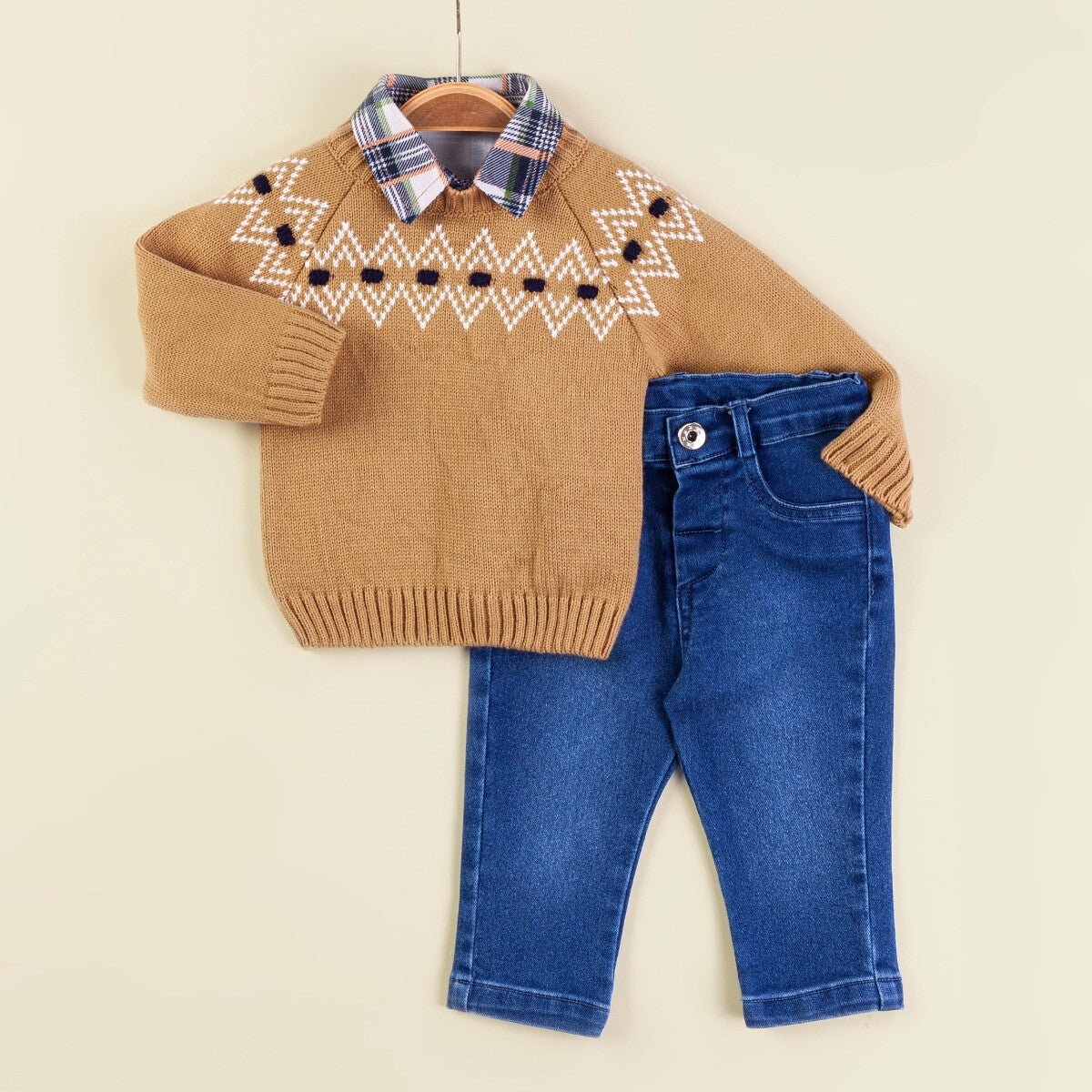 Bebek 3'lü Kazak Gömlek ve Kot Pantolon Takım 9-24M Babymuz 2009-5157 - Tivoli Mini