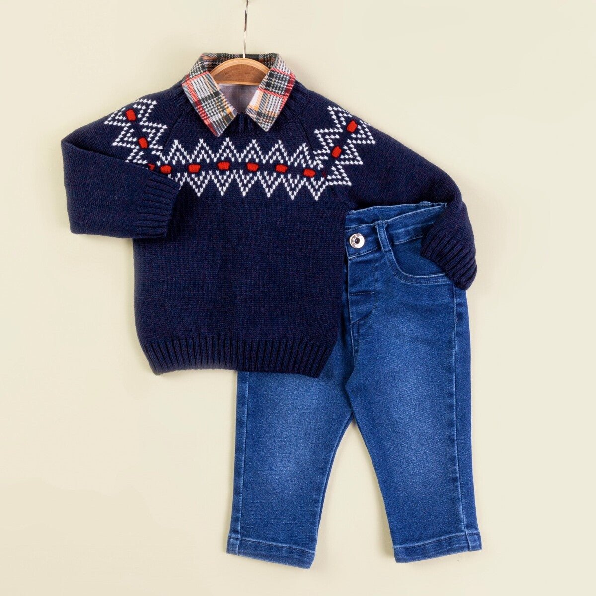 Bebek 3'lü Kazak Gömlek ve Kot Pantolon Takım 9-24M Babymuz 2009-5157 - Tivoli Mini