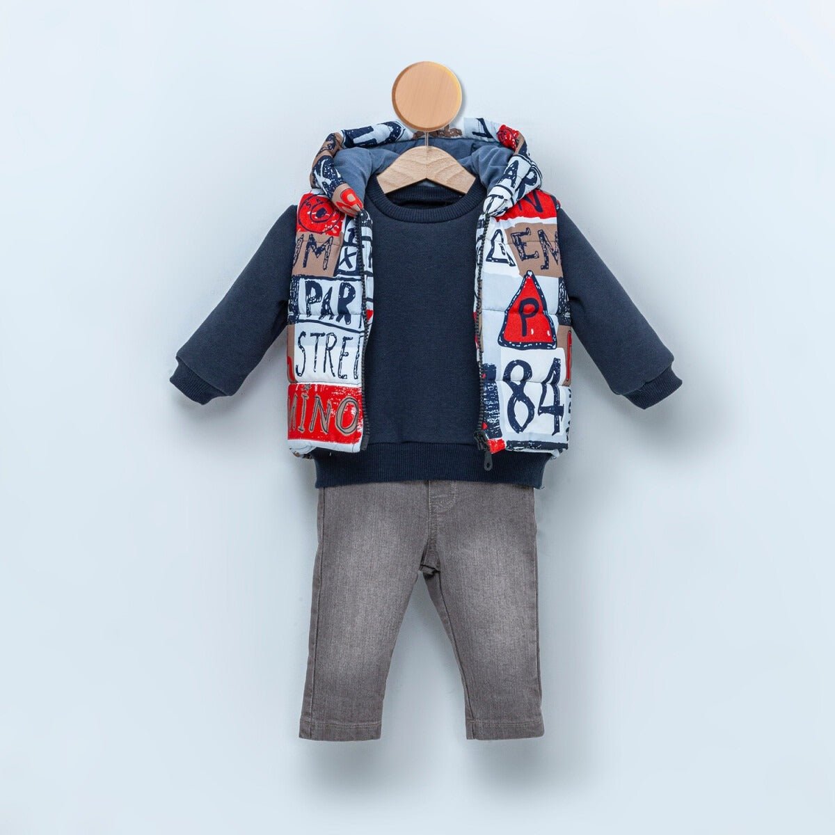 Bebek 3'lü Yelek Sweatshirt ve Kot Pantolon Takım 9-24M Cumino 1014-CMN3375 - Tivoli Mini