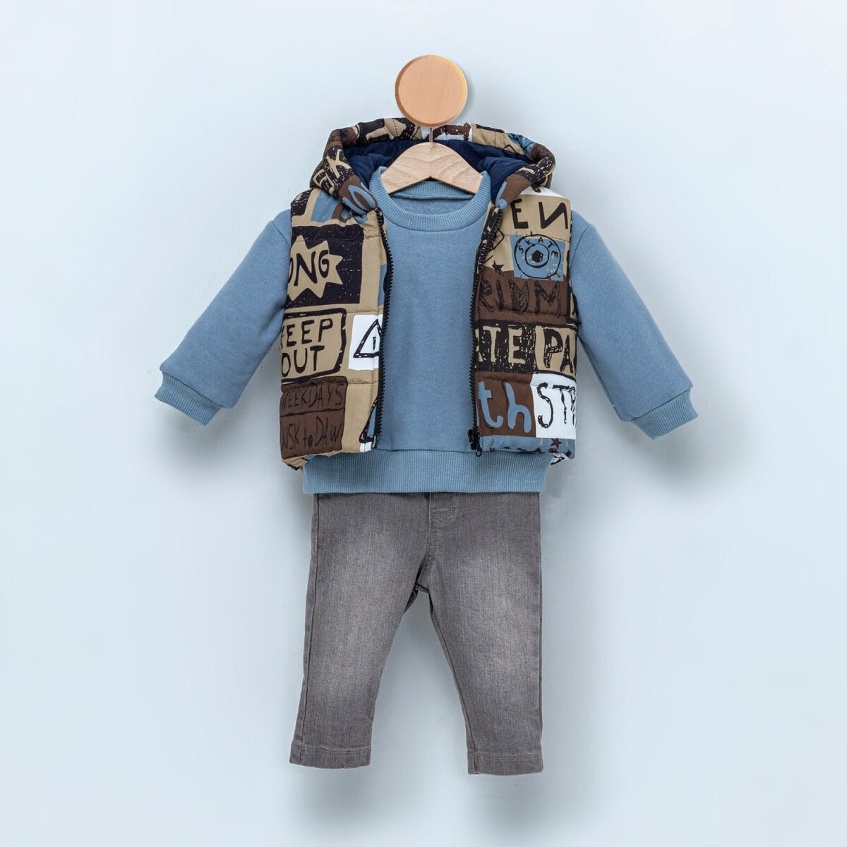 Bebek 3'lü Yelek Sweatshirt ve Kot Pantolon Takım 9-24M Cumino 1014-CMN3375 - Tivoli Mini