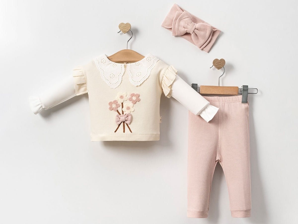 Çiçek Nakışlı Yakası Dantelli Kız Bebe Takım - Tivoli Mini