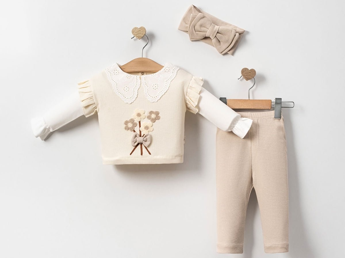 Çiçek Nakışlı Yakası Dantelli Kız Bebe Takım - Tivoli Mini