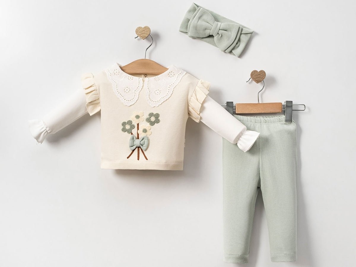 Çiçek Nakışlı Yakası Dantelli Kız Bebe Takım - Tivoli Mini