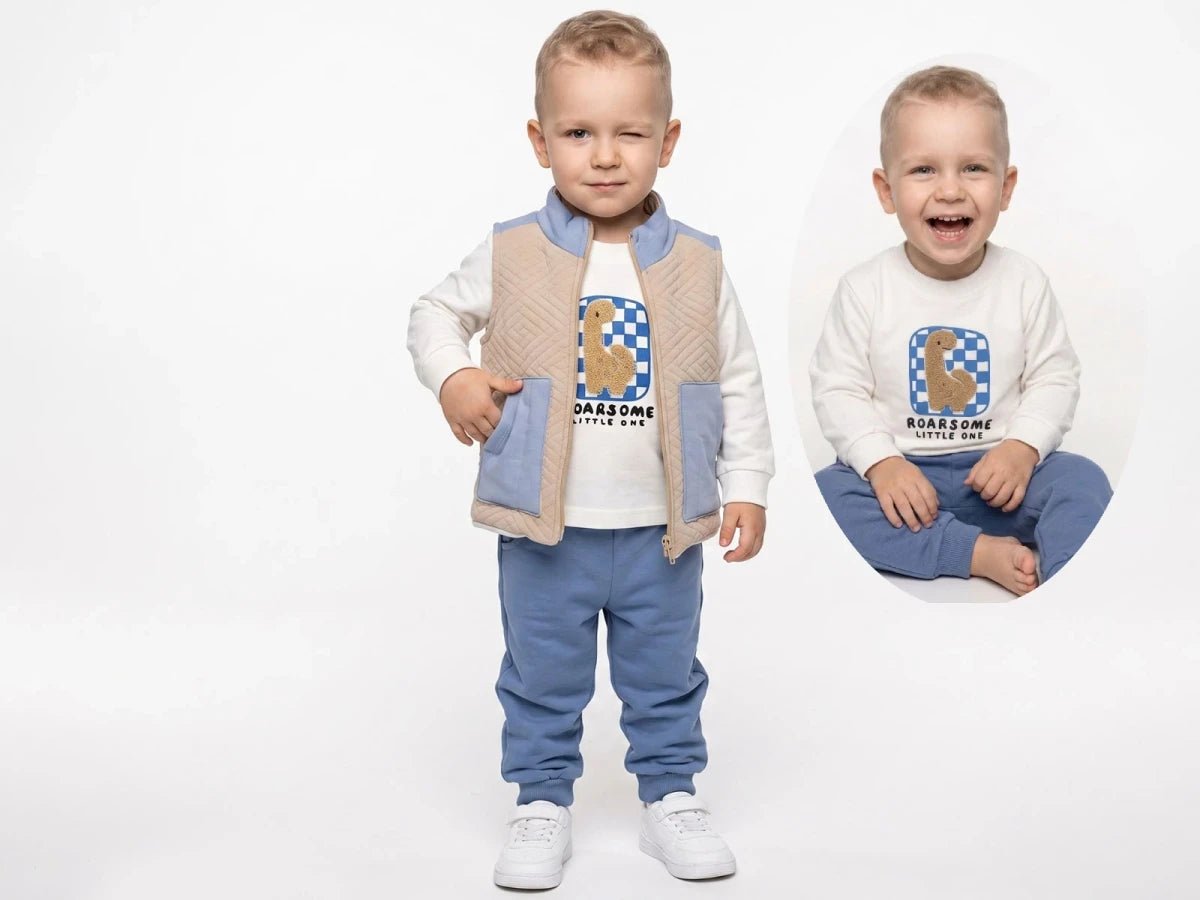 Dino Baskılı Yelekli Erkek Bebe Üçlü Takım - Tivoli Mini