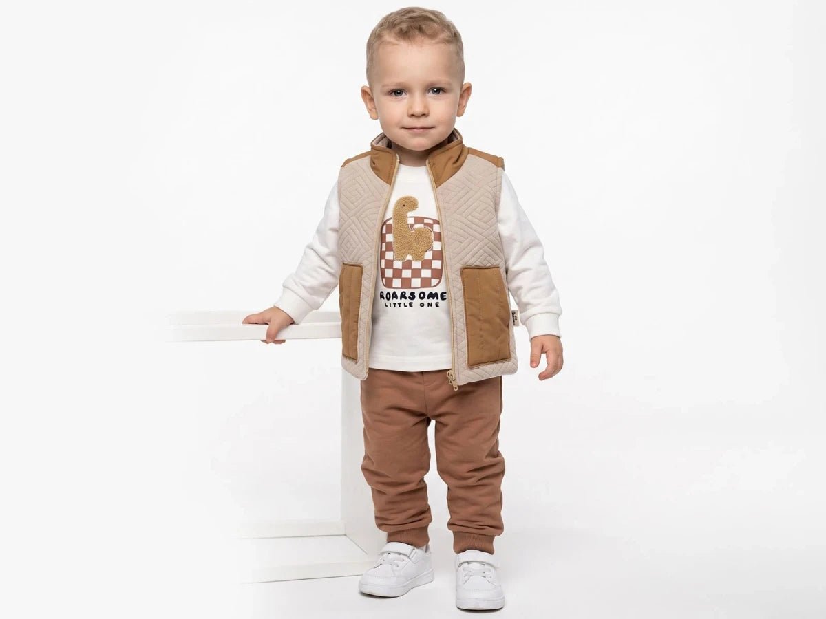 Dino Baskılı Yelekli Erkek Bebe Üçlü Takım - Tivoli Mini