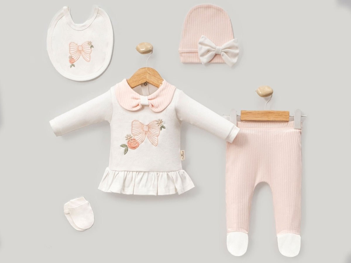 Fiyonk Nakışlı 5li Kız Hastane Çıkışı Zıbın Set - Tivoli Mini