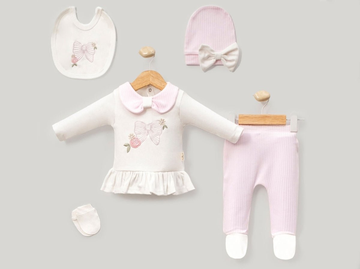 Fiyonk Nakışlı 5li Kız Hastane Çıkışı Zıbın Set - Tivoli Mini