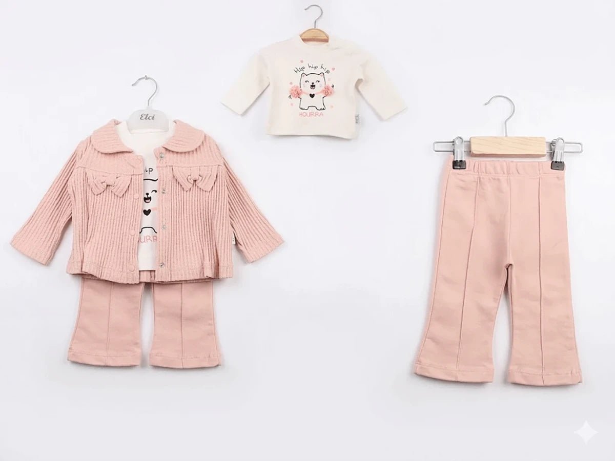 Fiyonklu Kedi Baskılı 3'lü Kız Bebe Takım - Tivoli Mini