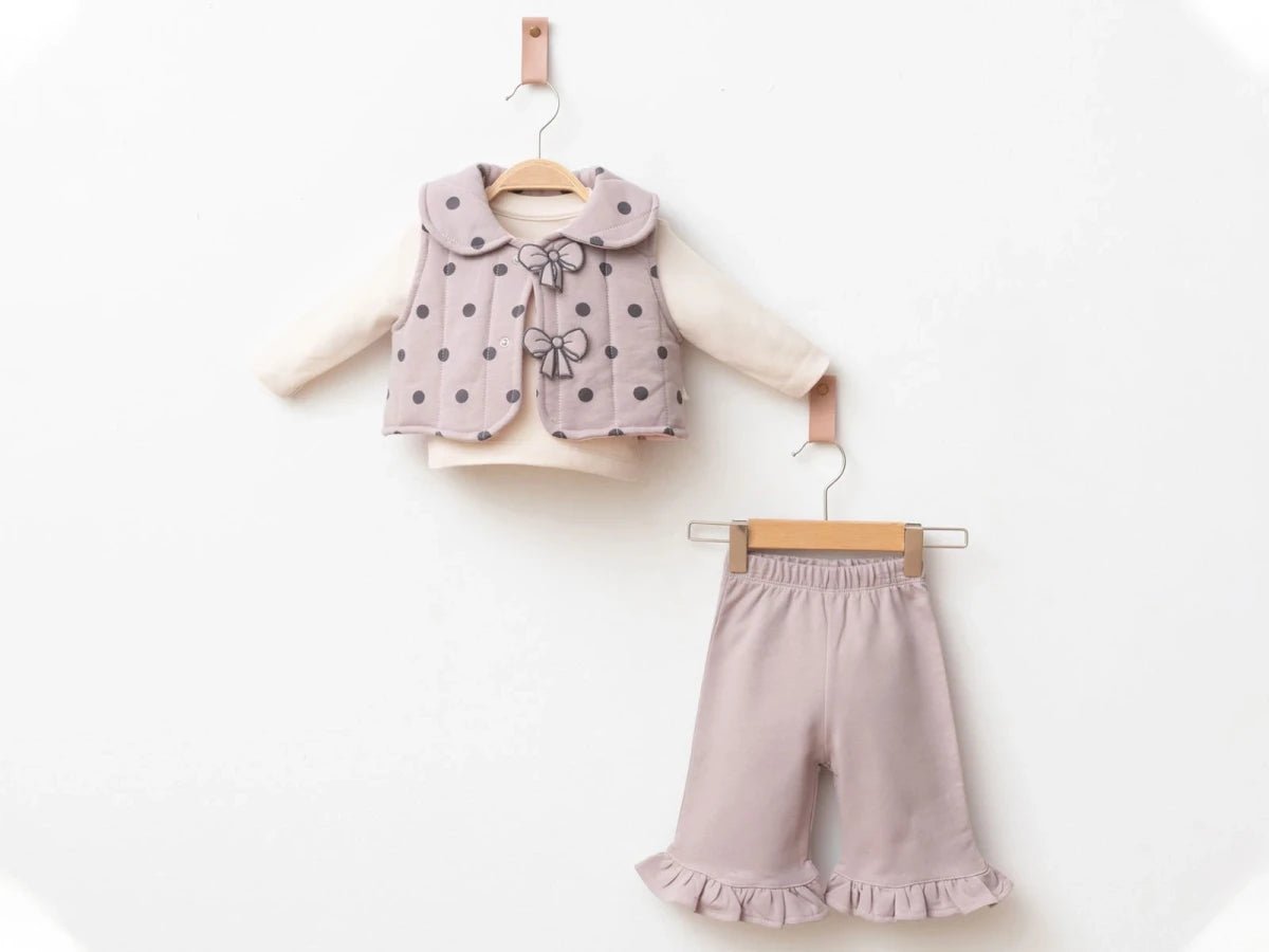 Fiyonklu Noktalı Yelekli Kız Bebe Üçlü Takım - Tivoli Mini