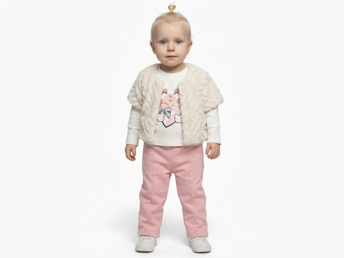 Kalp Baskılı Peluş Yelekli Kız Bebe Üçlü Takım - Tivoli Mini
