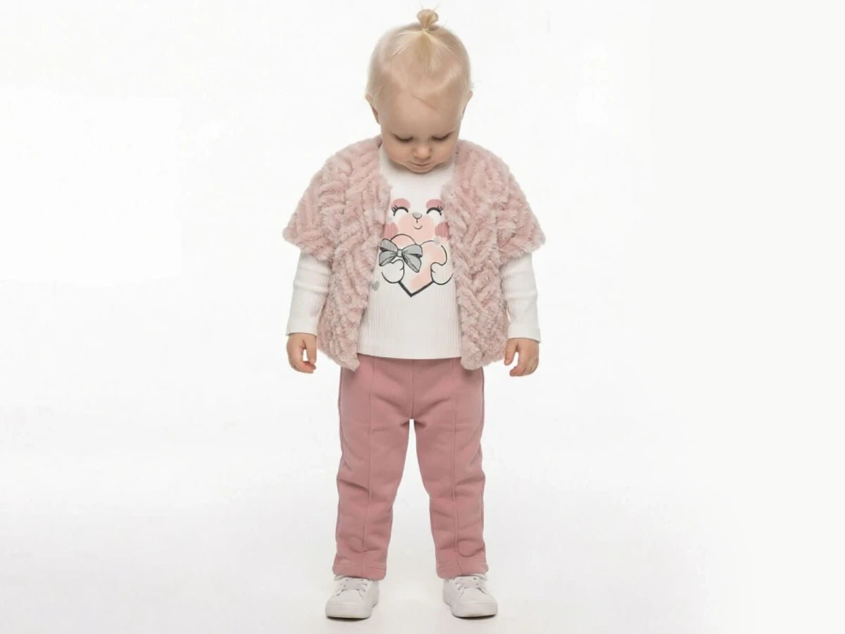 Kalp Baskılı Peluş Yelekli Kız Bebe Üçlü Takım - Tivoli Mini