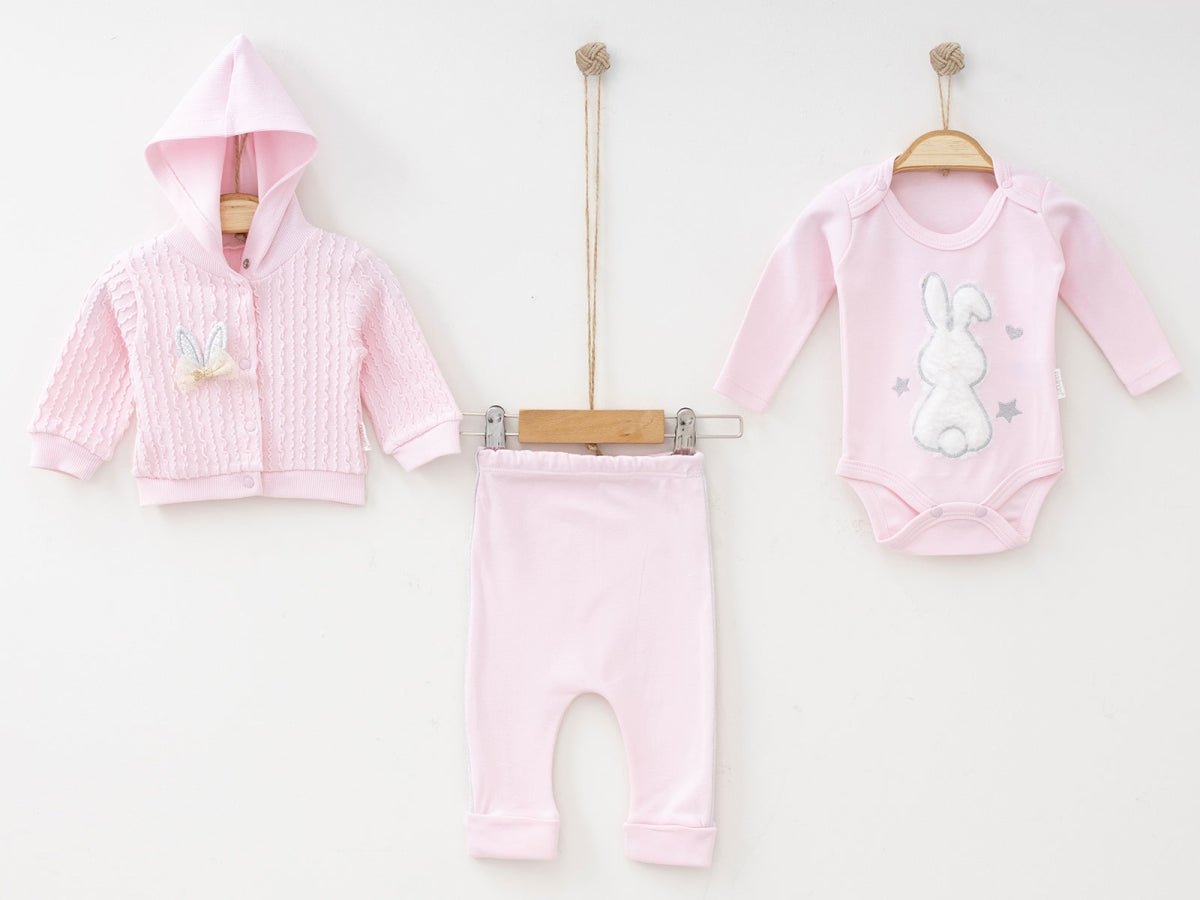 Tavşan Nakışlı Hırkalı Üçlü Kız Bebe Takım - Tivoli Mini