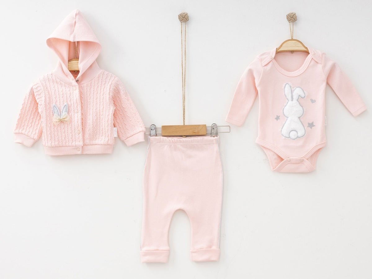 Tavşan Nakışlı Hırkalı Üçlü Kız Bebe Takım - Tivoli Mini